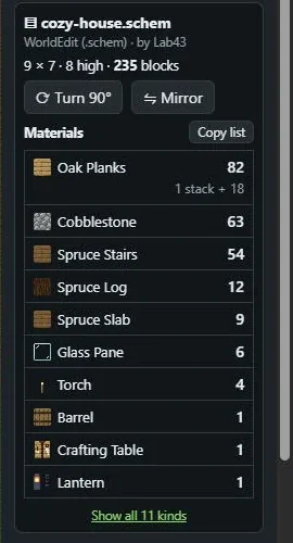 The material list: oak planks, cobblestone, spruce stairs and more.