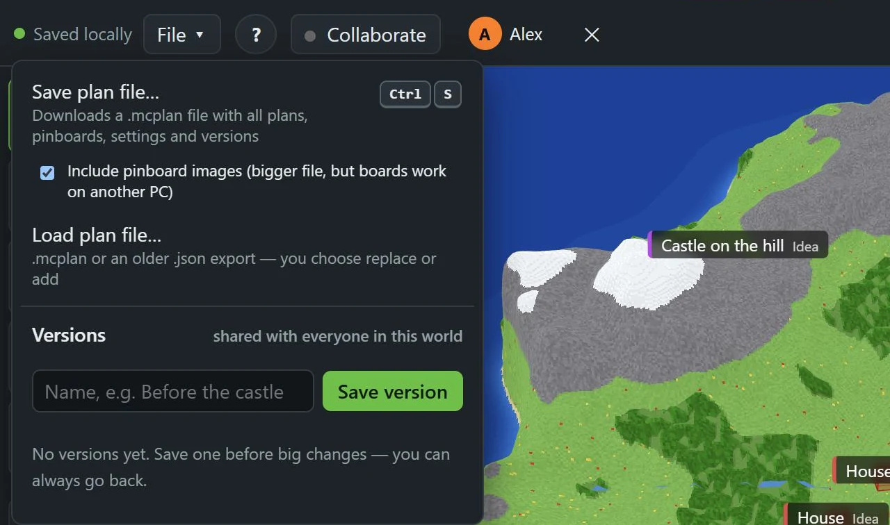 MC Planner's File menu: Save plan file…, Load plan file… and Versions with Save version.