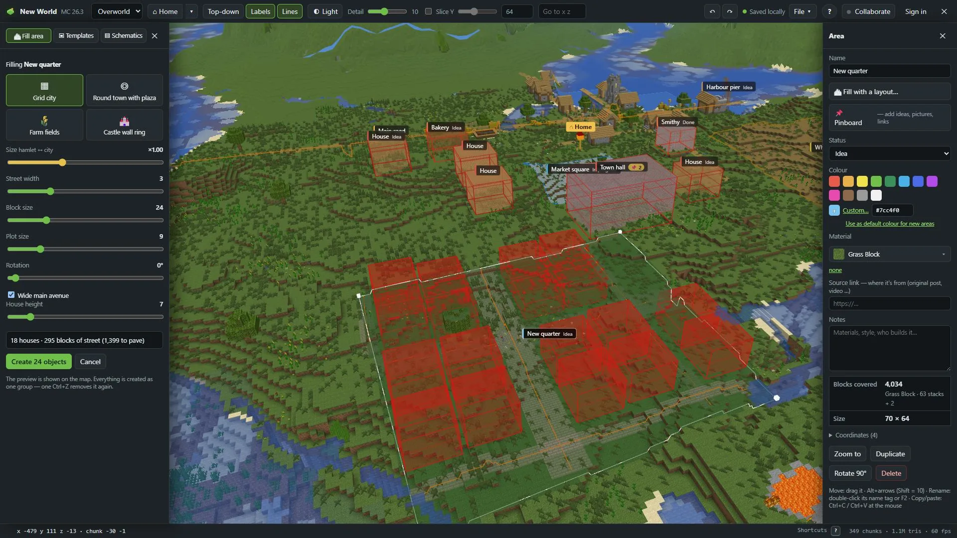 A new quarter filled with a grid city layout in MC Planner: streets and house plots on the terrain.