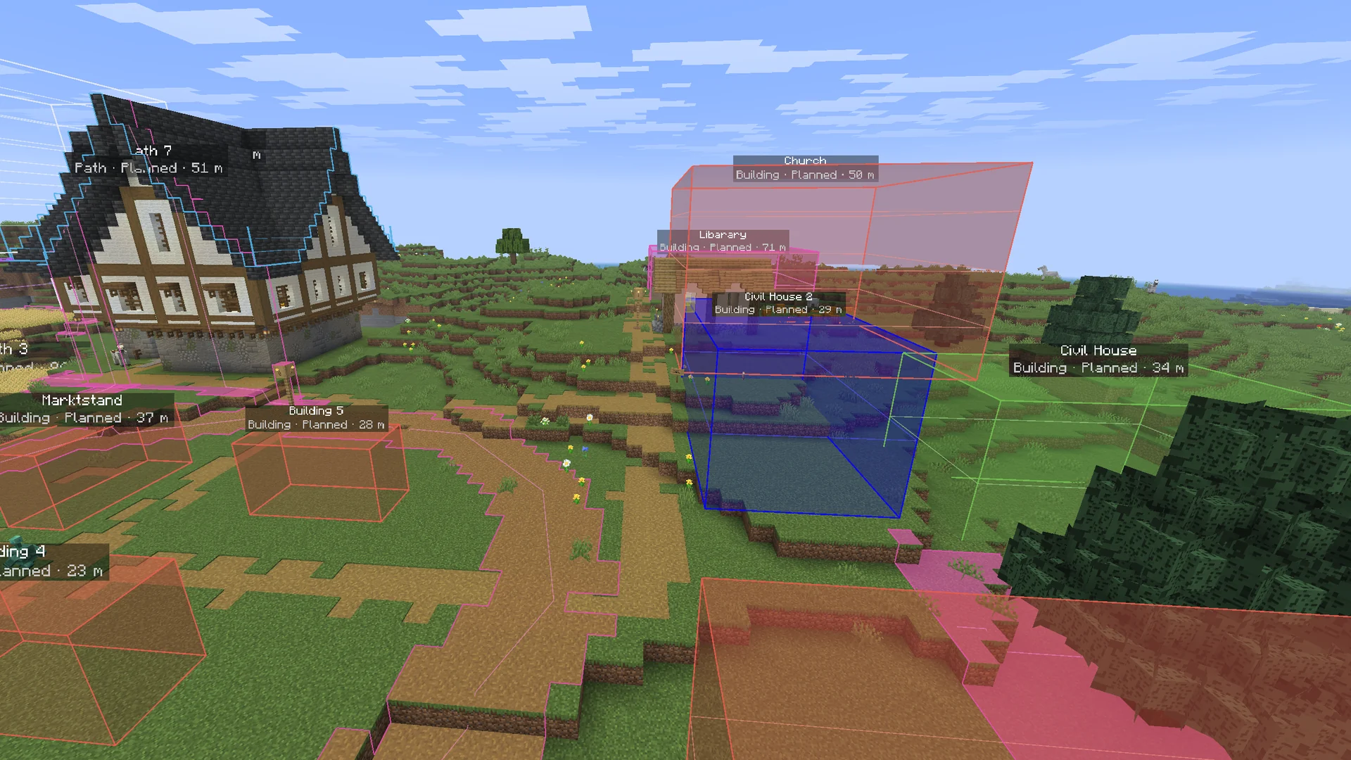 Planned buildings as see-through boxes in Minecraft, each labelled with its name, status and distance.