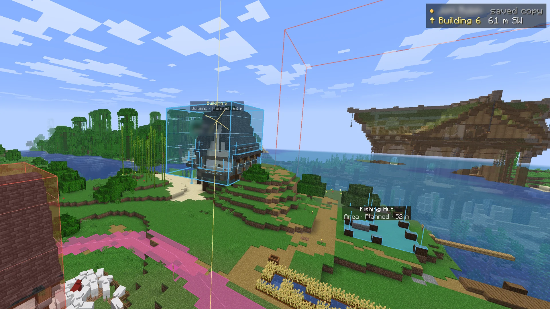 The MC Planner HUD (here in the top right corner) navigating to a planned building, and the line leading to it.