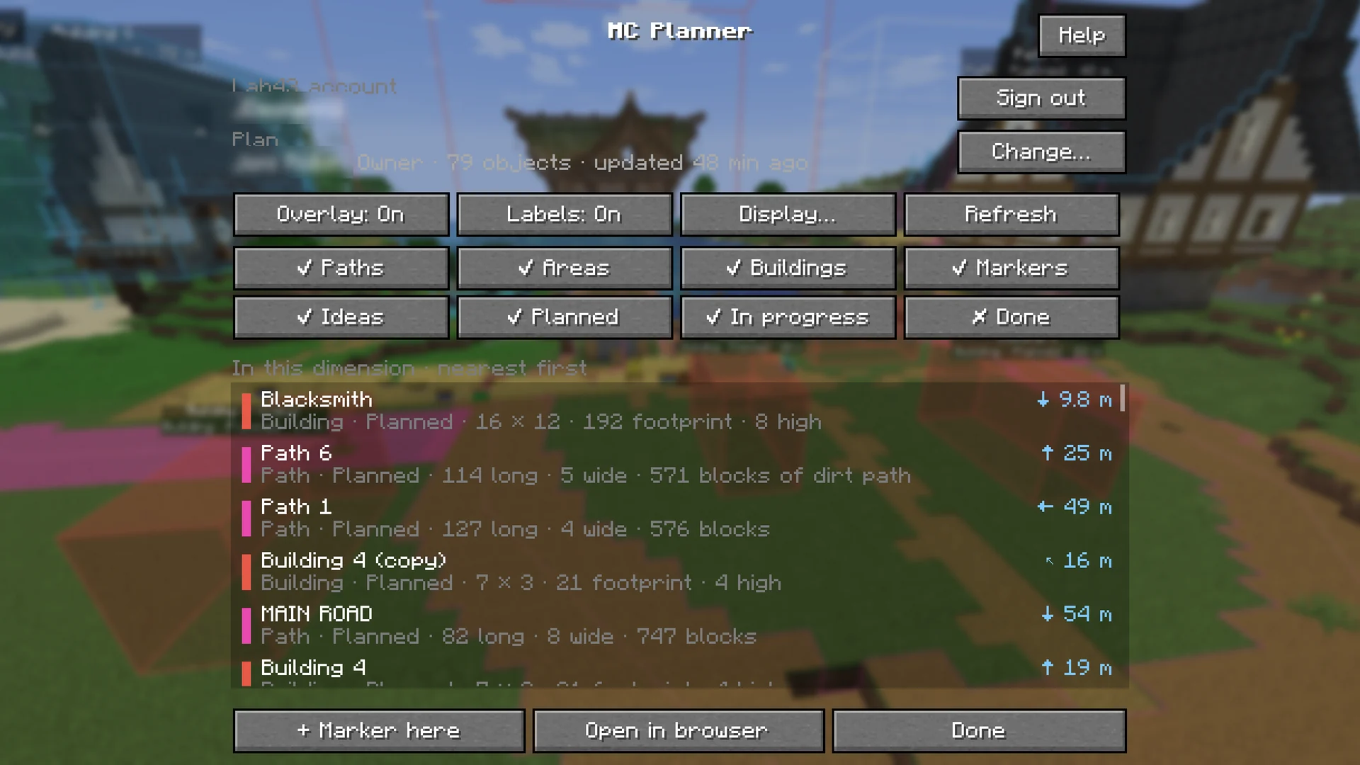 The MC Planner menu in Minecraft: account, plan, overlay switches, filters and the list of objects nearest first.