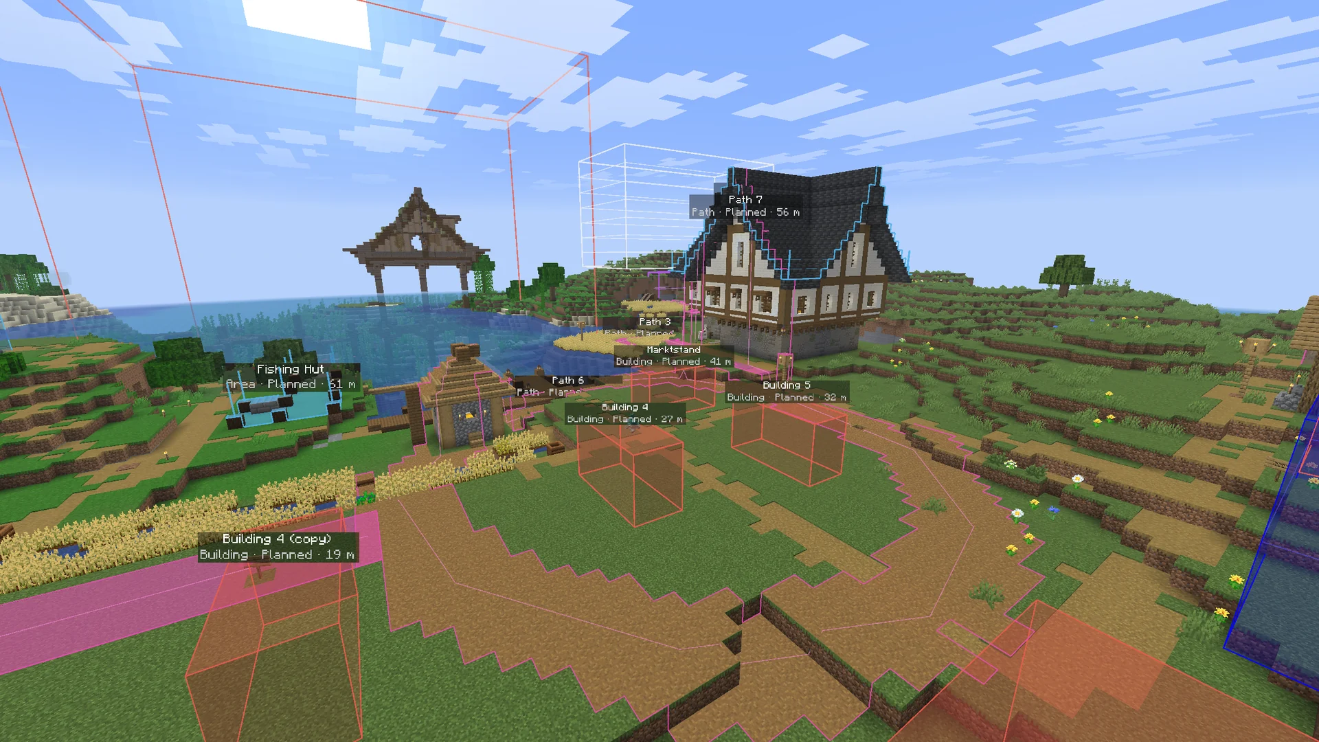 Planned paths on the terrain in Minecraft, drawn by the MC Planner mod: one in dirt path blocks, one in its colour, with building boxes and an area by the water.
