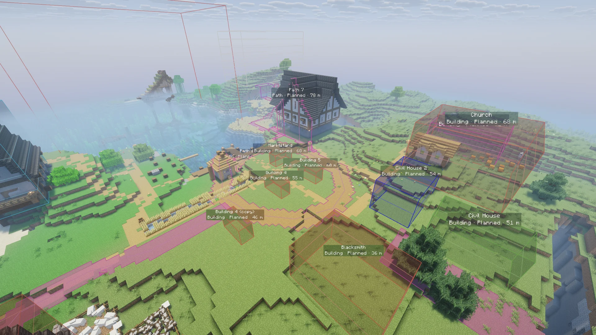 The planned village with a shader pack: the plan's fills, lines and labels still show.