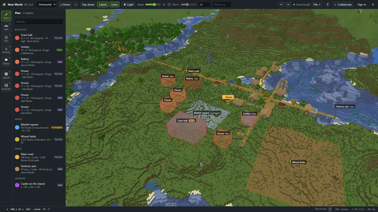 A village planned on a real Minecraft world in 3D: a road, a market square, houses and fields drawn on the terrain.