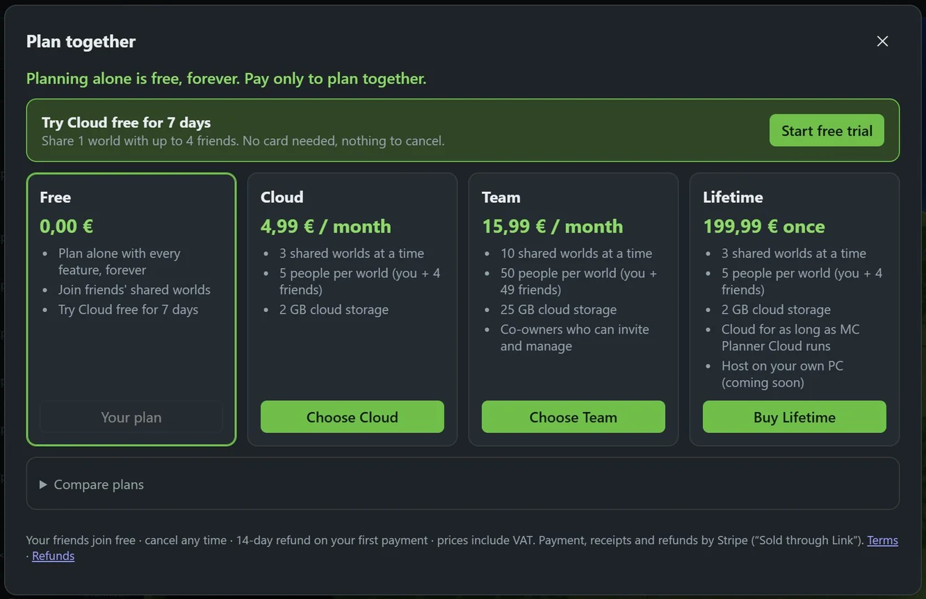 The plans in MC Planner: try Cloud free for 7 days on top, then Free, Cloud, Team and Lifetime with their prices.