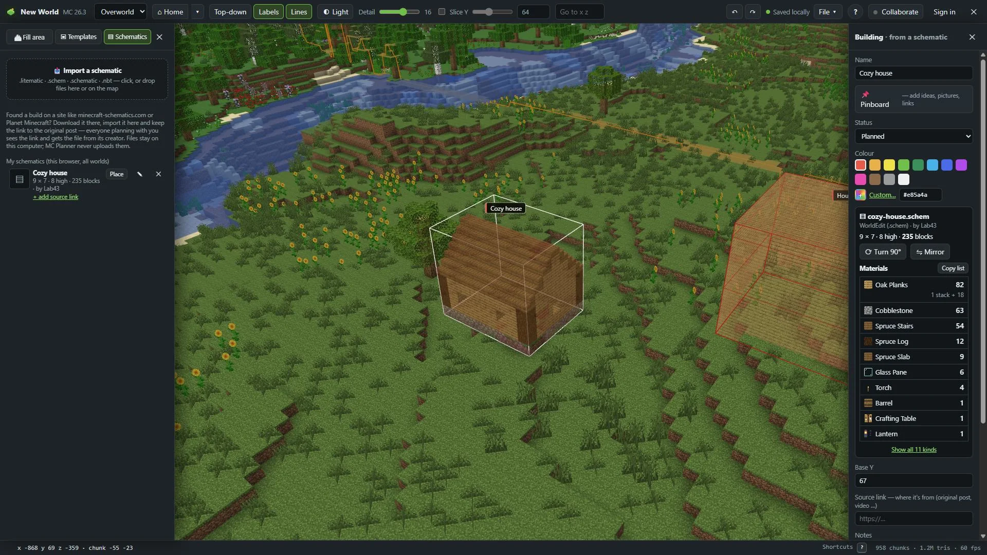 A house schematic placed on the terrain in MC Planner, with the schematics panel on the left and its material list on the right.