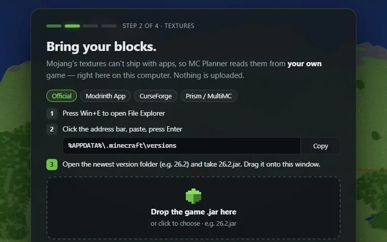 MC Planner's setup: “Bring your blocks.” Drop your game's .jar file, with steps to find it.