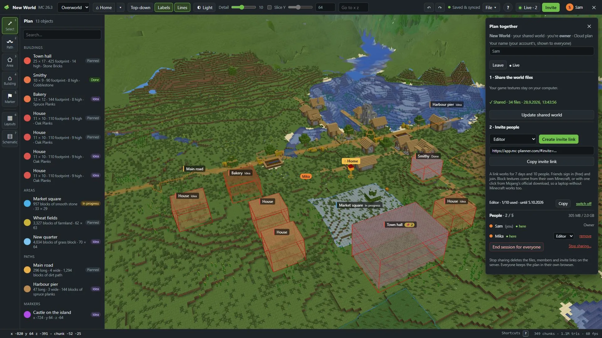 A shared world in MC Planner: friends' cursors with name tags on the map, and their avatars in the top bar.